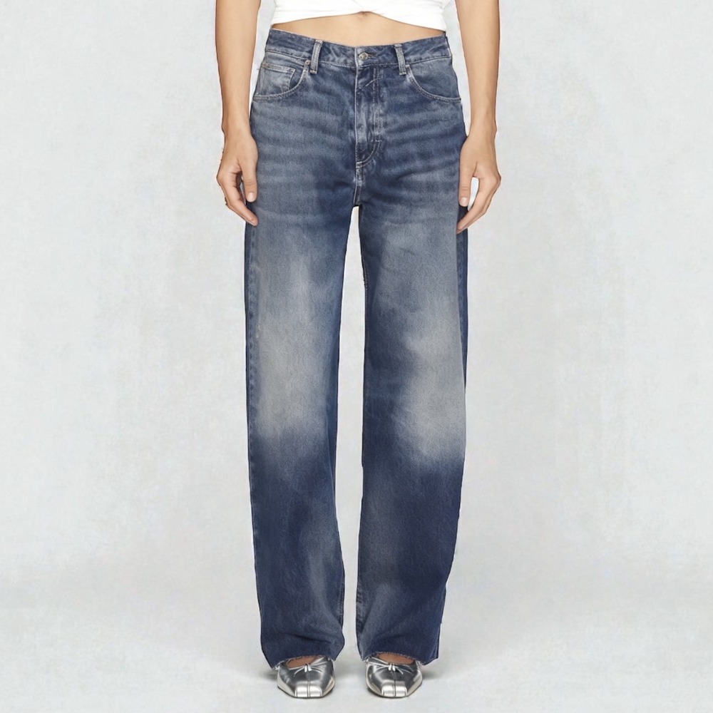 ICON DENIM Bea Daddy Wide Leg Baggy Jeans in Deep Blue Distressed size 24